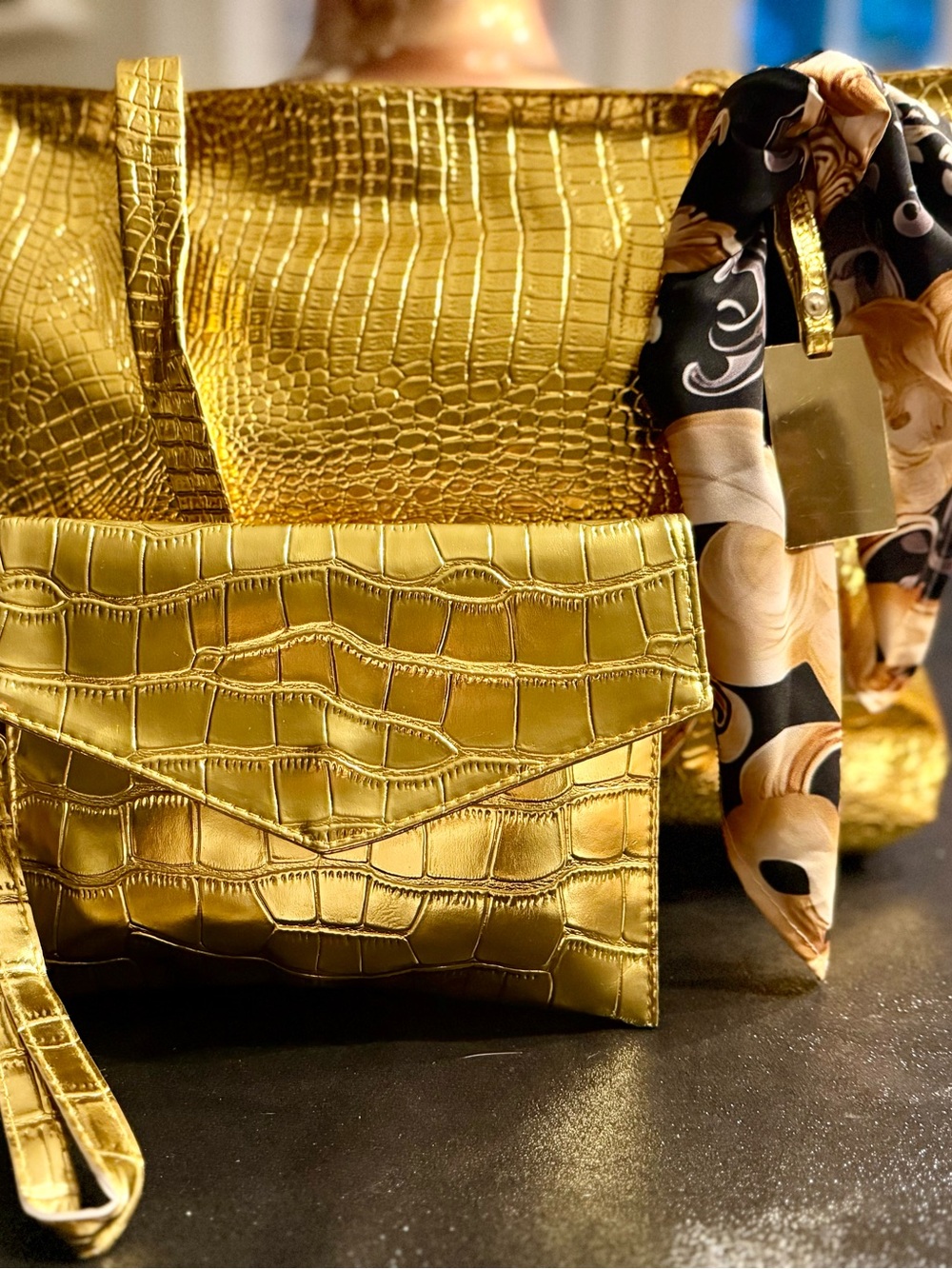 Gold Crocodile Handbag and Matching Clutch Set w/ Baroque Black & Gold Scarf.